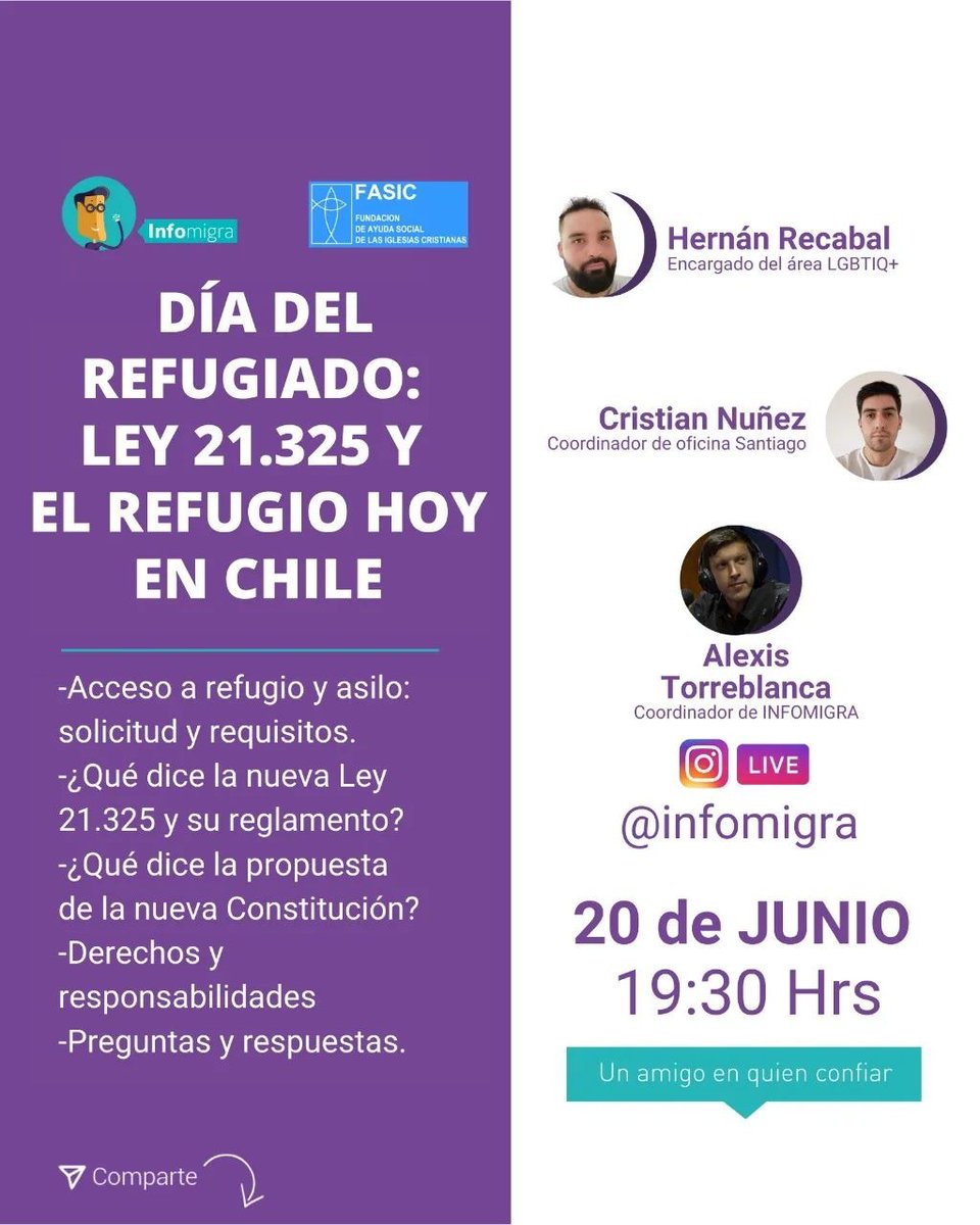 FASICDDHH's tweet image. 💡¡AGÉNDALO! LIVE DÍA DEL REFUGIADO: LEY 21.325 Y EL REFUGIO HOY EN CHILE.
Te invitan Alexis Torreblanca, Coordinador de @infomigra Hernán Recabal, Trabajador Social de #FASIC y Cristian Núñez, Coordinador Regional de la fundación. #DiaDelRefugiado #20jun