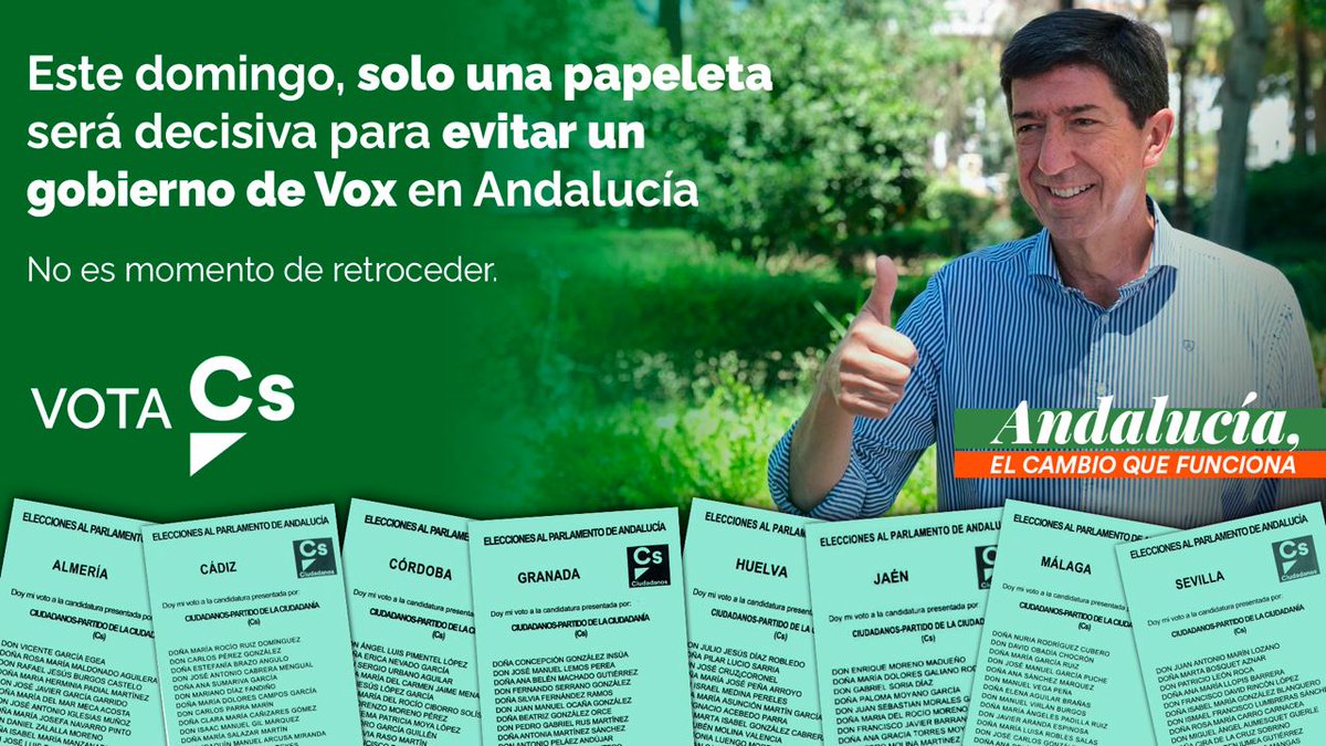 No es momento de retroceder. El gobierno que mejor le ha sentado a los andaluces debe continuar. Queremos reeditarlo

⏭Sigamos construyendo una #Andalucía más próspera con @JuanMarin_Cs

🗳Este domingo el voto más útil, decisivo y seguro es el de Cs. ¡Contamos contigo!🍊 #VotaCs