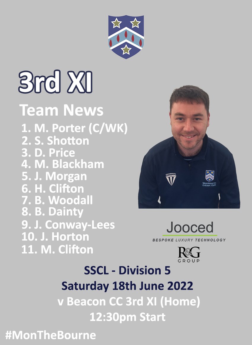 <a href="/WombourneC/">Wombourne Cricket</a> Teams for the weekend - 18th June 2022. Thanks to <a href="/JoocedCinema/">Jooced Bespoke Luxury Technology</a> for your sponsorship.

1st XI v <a href="/milfordhallcc/">Milford Hall CC</a>  1st XI🚗
2nd XI v <a href="/RugeleyCC/">Rugeley Cricket Club</a> 1st XI 🏡
3rd XI v <a href="/Beacon_CC/">Beacon Cricket Club</a> 3rd XI 🚗

#MonTheBourne 🏏🏏🏏