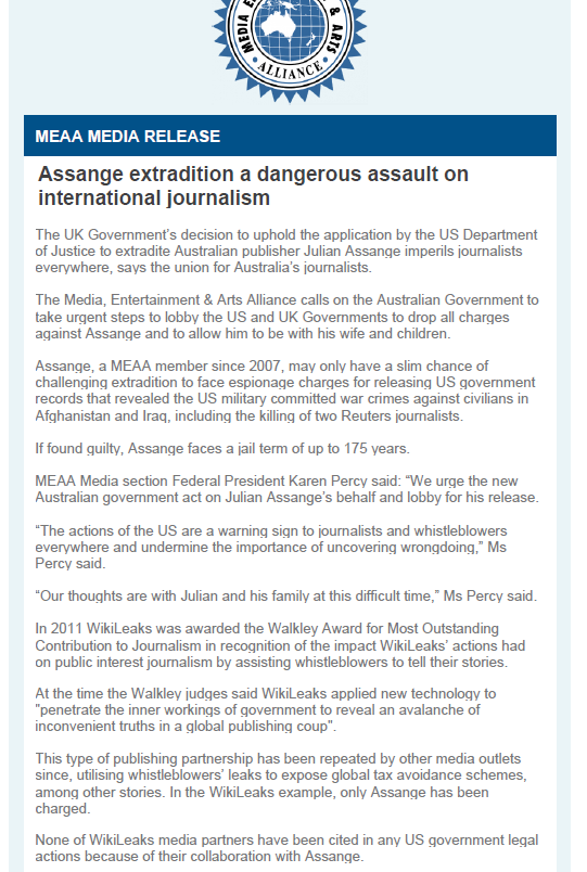 wikileaks's tweet photo. Australia's Journalists Union: "The UK Government’s decision to uphold the application by the US Department of Justice to extradite Australian publisher Julian #Assange imperils journalists everywhere" @withMEAA https://t.co/m2GXMO3gTq https://t.co/K9gK9ImtVc