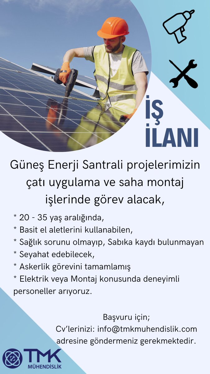 MuhendislikTmk's tweet photo. #işilanı #ges #eleman 
Başvuru: info@tmkmuhendislik.com https://t.co/AeyZNNxbDT
