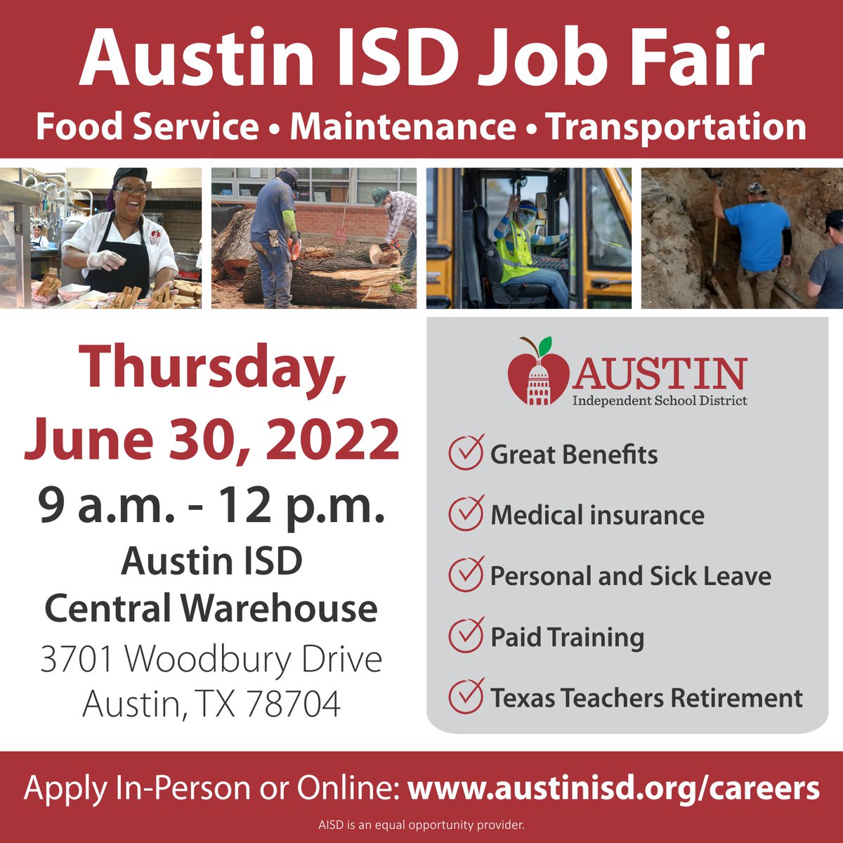 AustinISD's tweet photo. Feria de trabajo de Austin ISD: Servicios alimentarios, Mantenimiento, y Transporte
Jueves, 30 de junio
9AM-12PM
Austin ISD Central Warehouse
3701 Woodbury Drive Austin, TX 78704

https://t.co/oiZSUBzBx4

@AustinISDFood @AISDbuses @AISDwarehouse @WeAreAISD https://t.co/cAYdCiLe4T