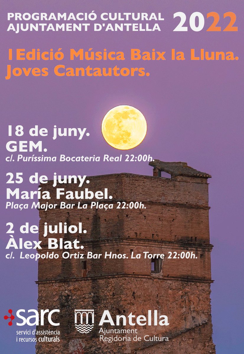 6hV
~#AntoniaFont, #MiquelSerra,.
al poliesportiu Inca
~<a href="/Sexenni1/">Sexenni</a> a La Pobla d Segur

7hV Tramma al Destaca't: <a href="/AndreaPacha_/">A🌙</a> #LaKlauBand #OxigenBand i #Akoblats

8hV
~S.Boi <a href="/FestCrisalide/">Festival Crisàlide</a>: #Adala, <a href="/socunbohemio/">Socunbohemio</a>,.
~@MartaShanti1
a Andorra
~<a href="/Paupiripau/">paupiripau</a>
a Salt

10hN #Gem a Antella