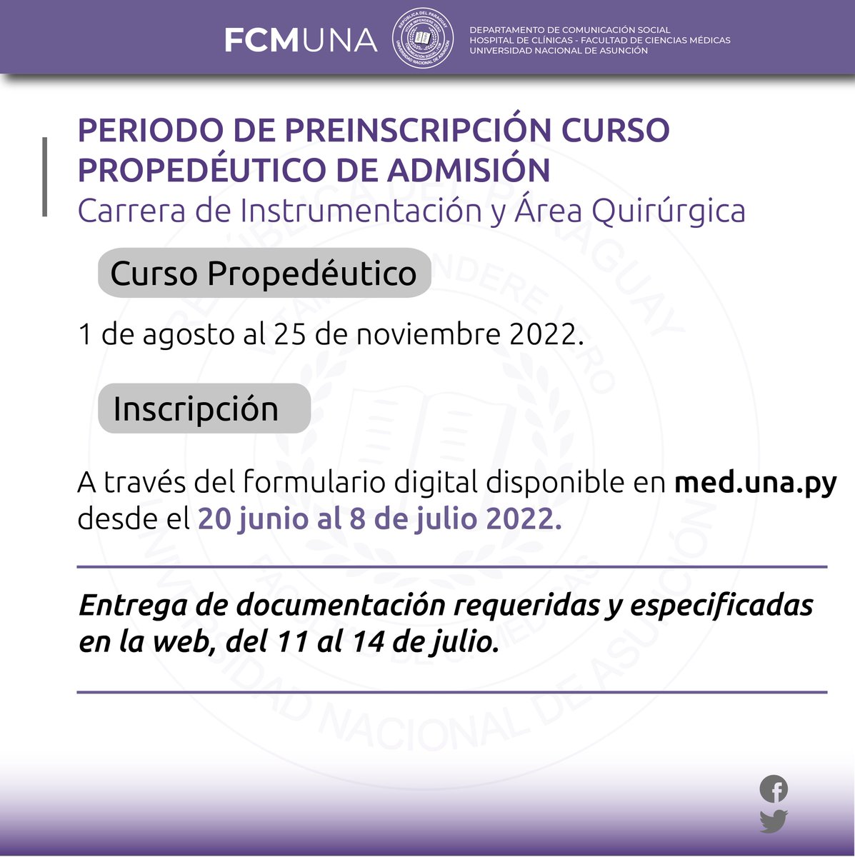 Anuncian periodo de preinscripción para Curso Propedéutico de Admisión a las carreras de Kinesiología y Fisioterapia e Instrumentación y Área Quirúrgica. Más información  facebook.com/cienciasmedica….