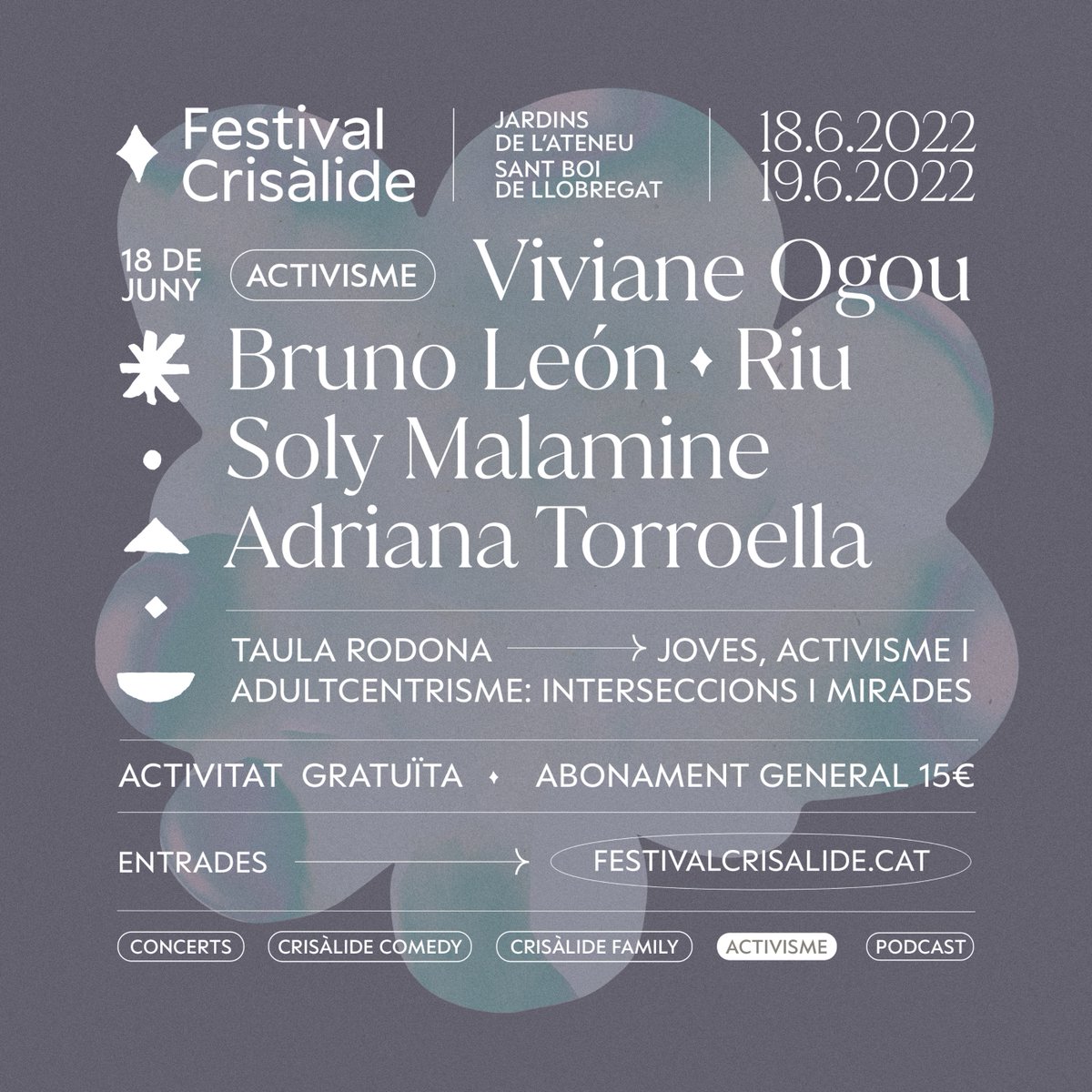 FestCrisalide's tweet photo. 🦋 ACTIVISME 🦋

La taula rodona "Joves, activisme i adultcentrisme: interseccions i mirades" comptarà amb @vivianeogou, @SolyMalamine, @riutropical, Bruno León i Adriana Torroella. 💬

🎟️ https://t.co/T98I5K5mJJ https://t.co/SttigIIfIz
