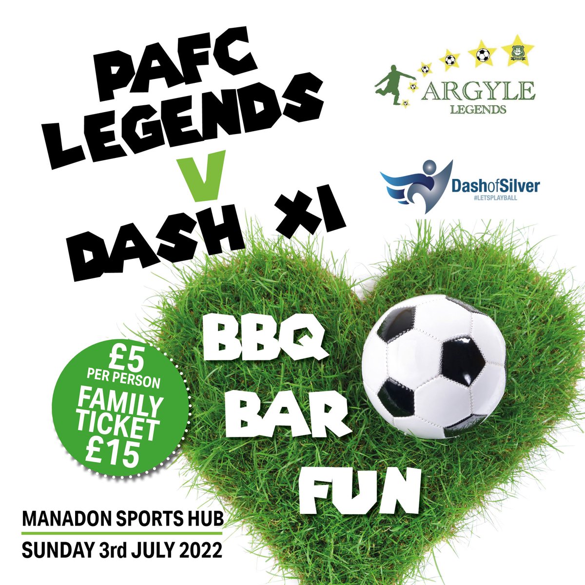 ⚽️ <a href="/DashofSilver1/">Dash of Silver</a> XI v  <a href="/argyle/">Plymouth Argyle FC</a> Legends 𝗚𝗲𝘁 𝘆𝗼𝘂𝗿 𝘁𝗶𝗰𝗸𝗲𝘁𝘀 𝗻𝗼𝘄!

📅 Sun 3rd July
📍 <a href="/ManadonSportHub/">Manadon Sports & Community Hub</a>
Come along for a great family day out!
Get your tickets here 👇
bit.ly/3soJy0s 
#LetsPlayBall #Charity #PAFC