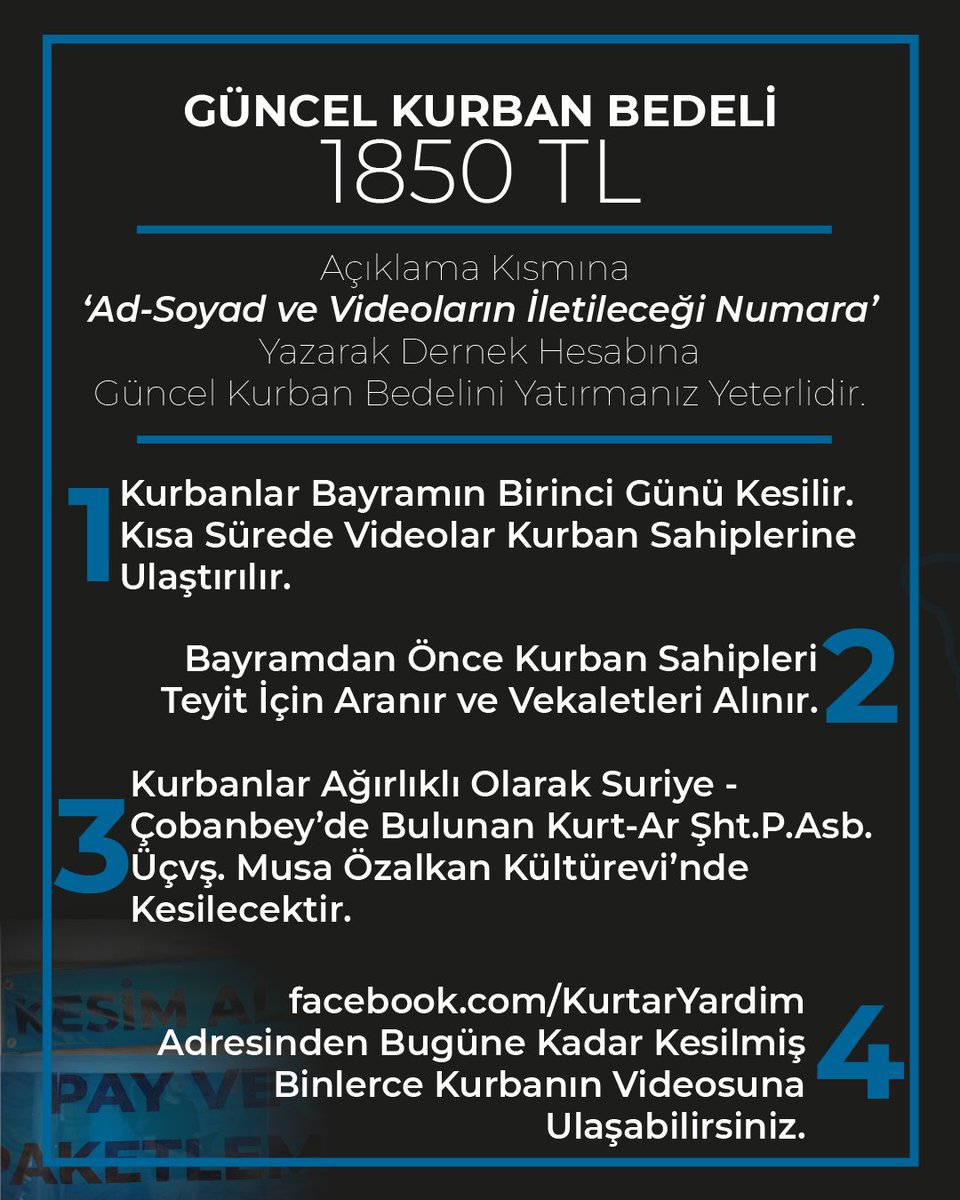 7 yılın tecrübesi;

-Tek tek, kestiğimiz her kurban için bağışçının adı görülecek ve duyulacak biçimde kayıt alıyoruz.
-Videoları aynı gün içerisinde bağışçılarımıza iletiyoruz.
-Kesilen kurbanlar merkezimizde pay ediliyor.