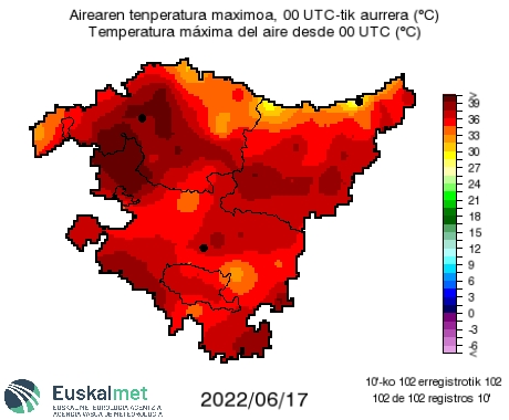 🟠🟡 #AlertaLaranja #AbisuHoria #beroa 

🌡 #Tmax  

✅ Atzo baino tenperatura altuagoa.

✅ El sábado pueden subir algo más en el norte, con viento sur.

📌 Gardea: 41.7 ºC
📌 Sodupe-Cadagua: 41 ºC
📌 Saratxo: 40.9 ºC
📌 Derio: 40.4 ºC
📌 Galdakao: 40.4 ºC
📌 Igorre: 40.2 ºC