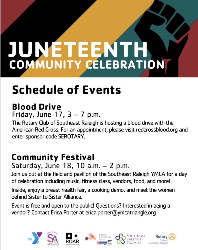 Join our activities honoring Juneteenth starting today 6/17 with an onsite Blood Drive 3pm-7pm (donors receive a $20 gift card) and Sat. 6/18 with Live DJ, Breast Health Fair, educational presentations, bouncy houses, and free food for the first 200 participants <a href="/SERaleighYMCA/">SERaleighYMCA</a>