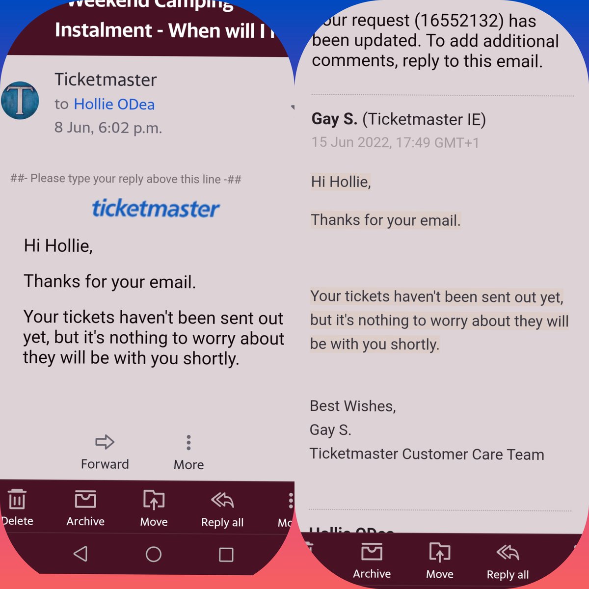HollieODea's tweet photo. @TMIrelandHelp your instructions tell me to email ticketmaster through my account which you first get an automatic reply then you say reply to that to speak to someone,this so the reply I got from "a real person" looks exactly like the automatic reply to which I replied to TWO DAYS AGO https://t.co/tBwwqBBXtk