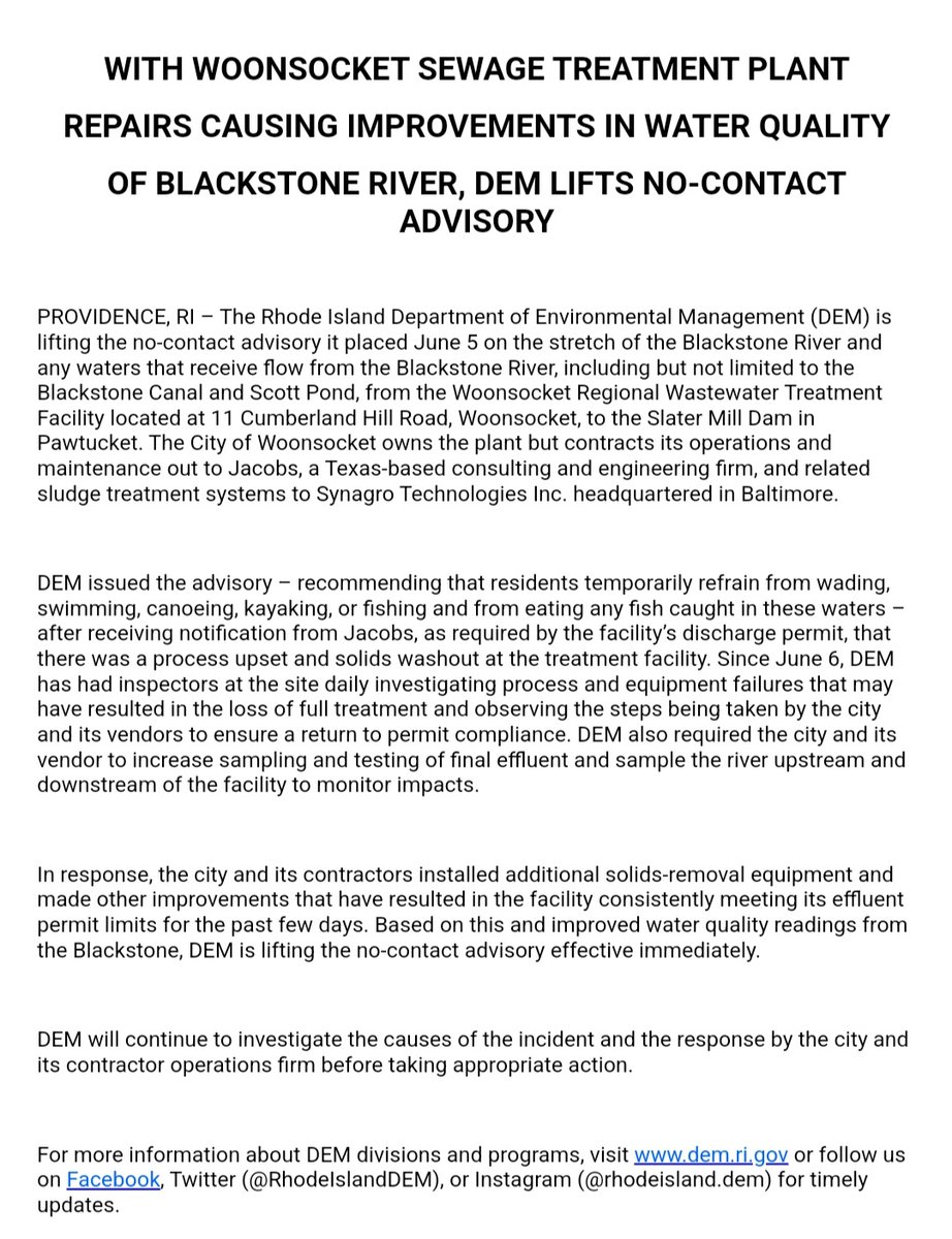 robesmit's tweet image. The no-contact advisory for the Blackstone River has been lifted by DEM this afternoon. The wastewater facility run by private contractor Jacobs had been leaking partly treated (bathroom) solids into the river since June 5.