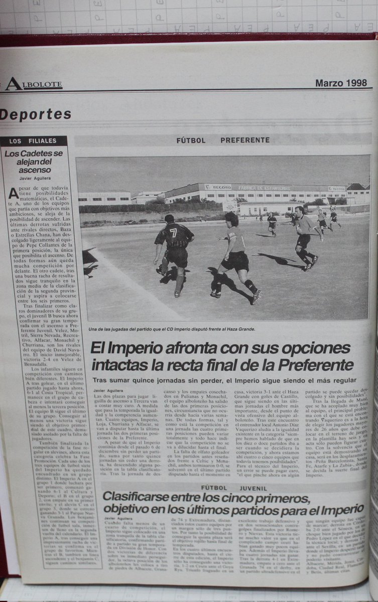 CFImperio's tweet photo. Artículo del Periódico Local de Albolote de marzo de 1998 donde se habla de la buena trayectoria que está teniendo el conjunto senior del CD Imperio y también se repasa la trayectoria del equipo juvenil y del Cadete
#historiarojilla
#cdimperio https://t.co/lx5rtQT6LI