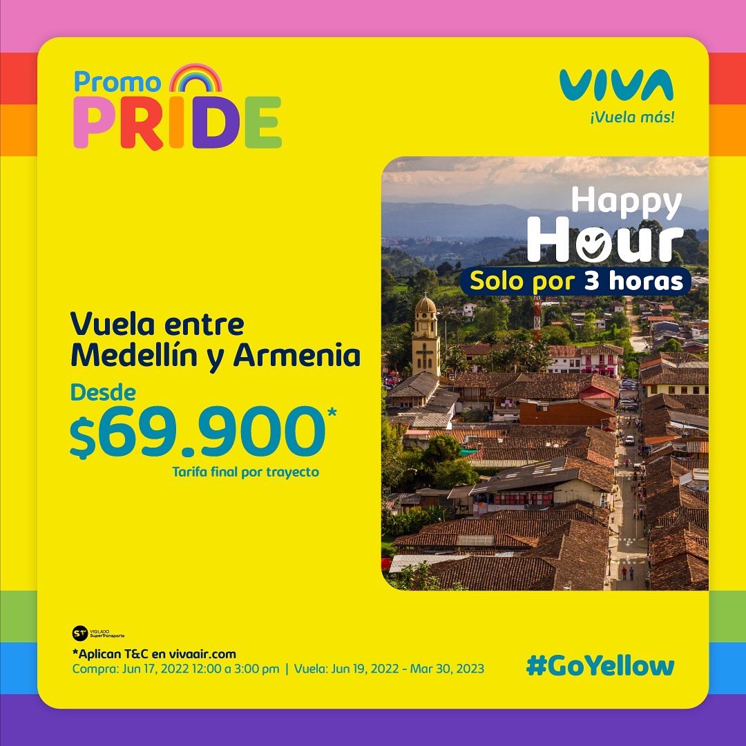VivaAirCol's tweet photo. Llegó la hora feliz con precios geniales para rutas geniales 🌈⏳👀

Aprovecha esta #HappyHour solo por 3 horas y compra ya en https://t.co/rx0KDuvCvQ 😉 tic, tac, tic, tac el tiempo se acaba…

#PrideViva #PromoPride #VuelaMas #LoveIsLove #DiaSinIva #VenAVolarConViva https://t.co/1AaHFfG4pN