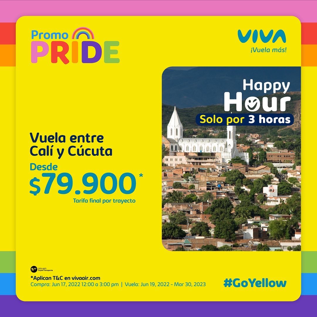 VivaAirCol's tweet photo. Llegó la hora feliz con precios geniales para rutas geniales 🌈⏳👀

Aprovecha esta #HappyHour solo por 3 horas y compra ya en https://t.co/rx0KDuvCvQ 😉 tic, tac, tic, tac el tiempo se acaba…

#PrideViva #PromoPride #VuelaMas #LoveIsLove #DiaSinIva #VenAVolarConViva https://t.co/1AaHFfG4pN