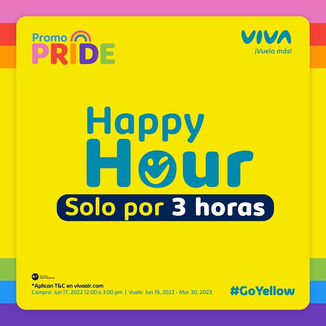 VivaAirCol's tweet photo. Llegó la hora feliz con precios geniales para rutas geniales 🌈⏳👀

Aprovecha esta #HappyHour solo por 3 horas y compra ya en https://t.co/rx0KDuvCvQ 😉 tic, tac, tic, tac el tiempo se acaba…

#PrideViva #PromoPride #VuelaMas #LoveIsLove #DiaSinIva #VenAVolarConViva https://t.co/1AaHFfG4pN