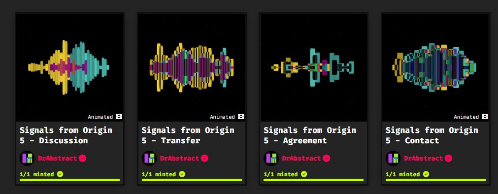 Dr_Abstract's tweet photo. That was fast... all four available Signals from Origin 5 sold in minutes. The last movement (single edition 5 Tez) is now available on FXHash here:
https://t.co/XI3X8GrzkG
#FXHash #NFT #tezos
#ZIMjs #Origin5 https://t.co/5vzsgPCqeU