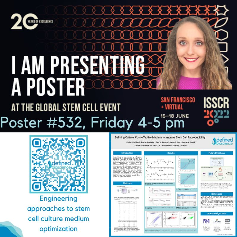 DefinedBio's tweet photo. Current cell culture medium solutions can be inconsistent, variable, and costly, warranting the development of optimized alternatives. Come see Caitlin Schlagal, PhD's poster at #ISSCR2022 and learn about our applied methods. 

#iPSC #culturemedia #stemcells #HiDefB8 #DefinedBio https://t.co/b0PfMYwjHb