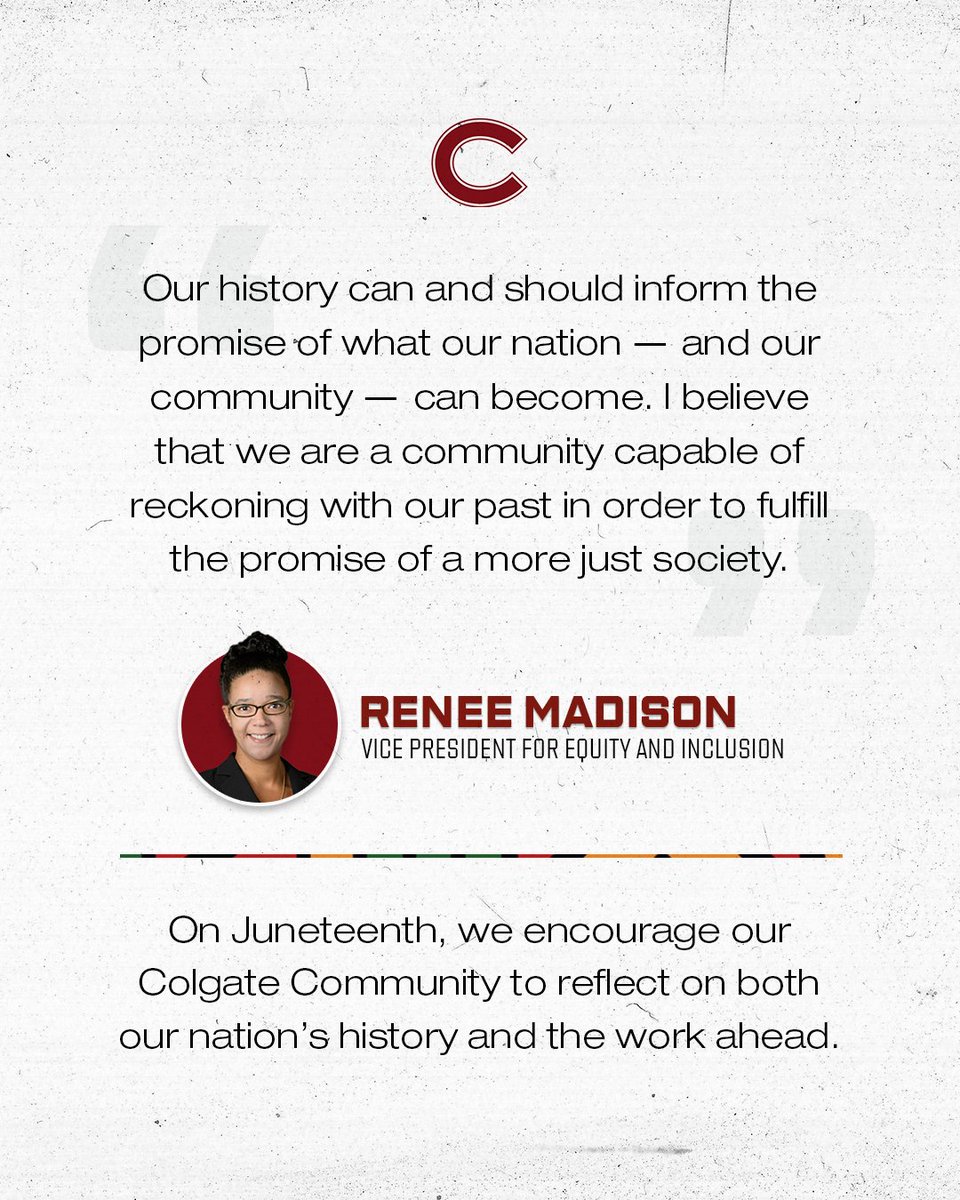 ColgateAthletic's tweet photo. On Juneteenth, we encourage our Colgate community to reflect on both our nation's history and the work ahead.

#EveryFieldEveryArena https://t.co/1AsiGH6fh3