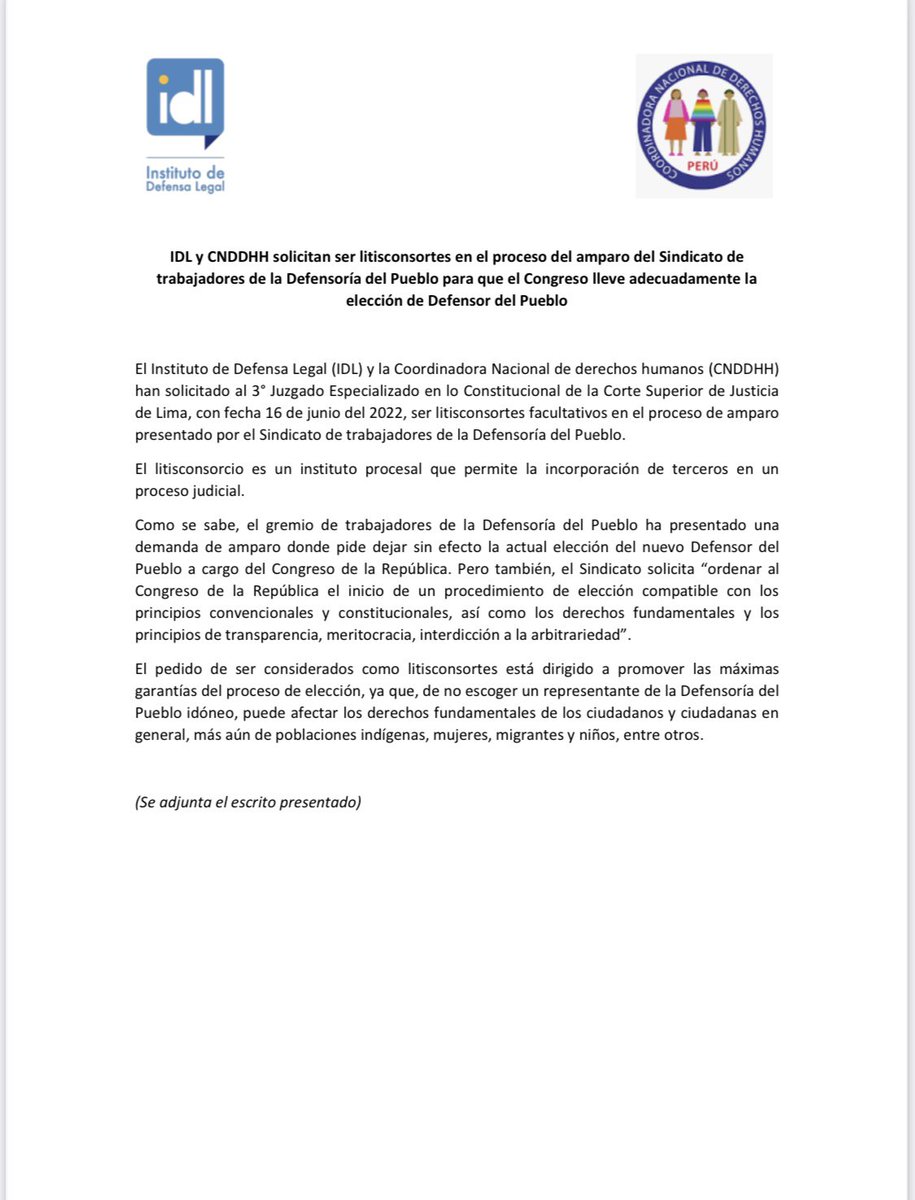 SindicatoDP's tweet photo. El @Ideele y la @cnddhh se suman a nuestro proceso de amparo para exigir una elección del Defensor/a del Pueblo transparente y participativo.
Es bueno saber que no estamos solos en la defensa de la autonomía de las instituciones y el Estado de Derecho. @congresoperu https://t.co/0UElXvXAP6