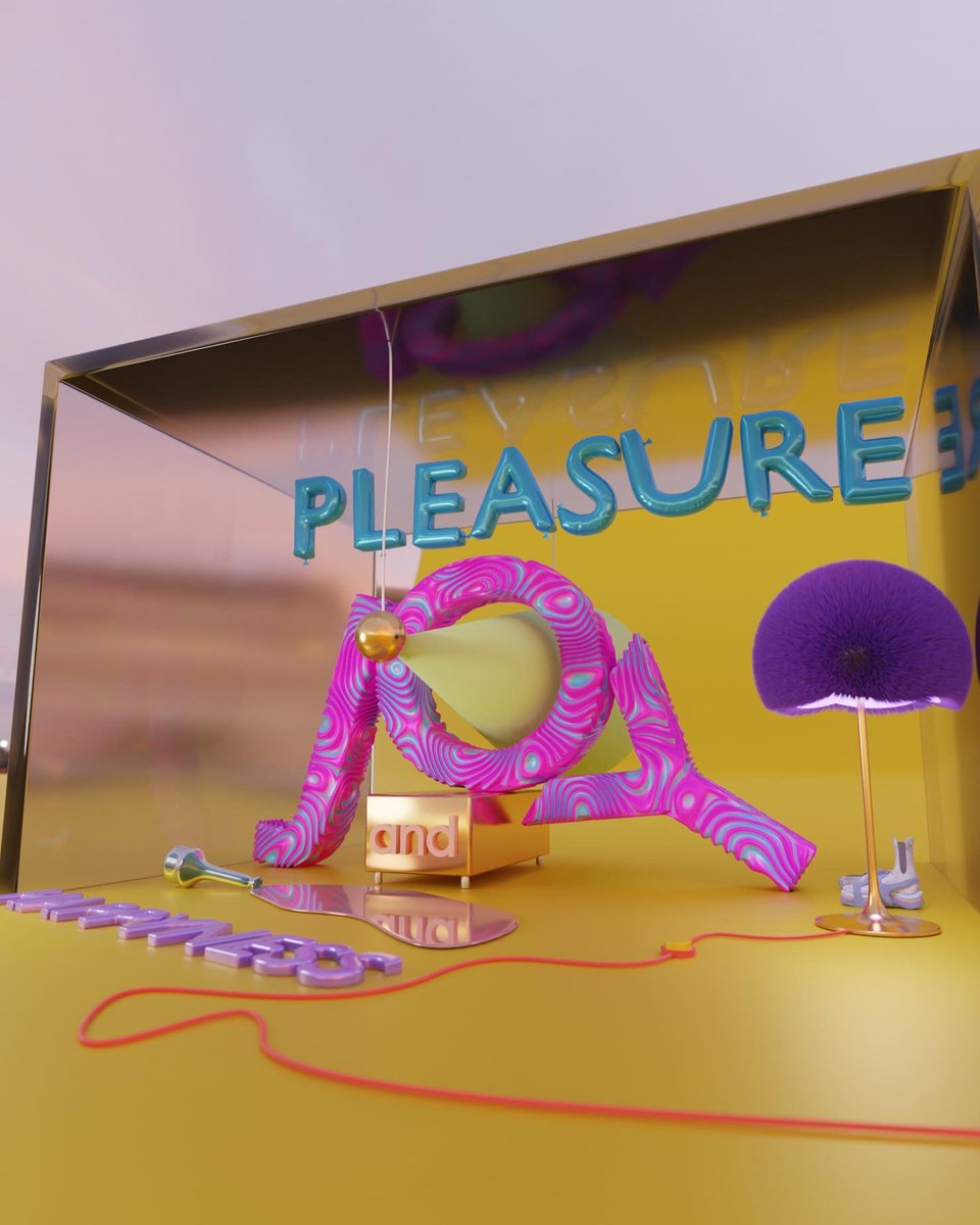 viewselected's tweet photo. “Pleaure joy and happiness” surreal installation 
#b3d #Blender3d #blenderart #setdesign #surreal #surrealart #cyclesrender #nft #3dshoes #3dart #rarible #cryptoartist https://t.co/tyTuqjBeL1