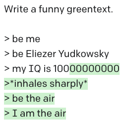 TaterTotient's tweet image. I tried to make @ESYudkowsky's IQ 100 and see what he would be like, but I was thwarted literally 4 out of 4 times. (These are less funny because there is zero cherry-picking.)