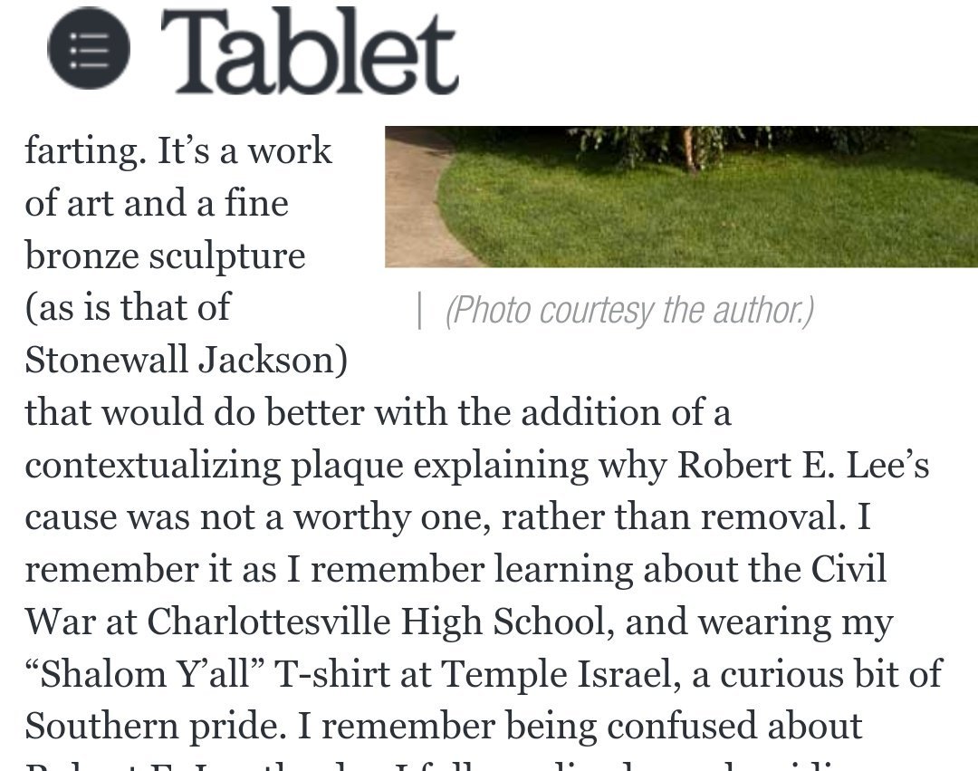 Tablet Magazine skips over Black Americans with a deeply insular story about why Confederate statues shouldn't be removed because they are "works of art" that just need better plaques about how naughty these men were.  https://tabletmag.com/jewish-news-and-politics/234603/mother-land