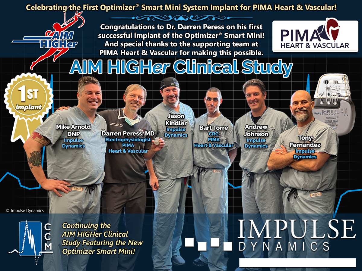 AIM HIGHer Study (@aimhigherstudy) on Twitter photo Congratulations to Dr. Darrenn Peress on his first successful implant of the Optimizer® Smart Mini! And special thanks to the supporting team at PIMA Heart & Vascular for making this possible.
#HFpEF #AIMHIGHer #epeeps #HeartFailure #medicaldevices #clinicalstudy #cardiology Congratulations to Dr. Darrenn Peress on his first successful implant of the Optimizer® Smart Mini! And special thanks to the supporting team at PIMA Heart & Vascular for making this possible.
#HFpEF #AIMHIGHer #epeeps #HeartFailure #medicaldevices #clinicalstudy #cardiology