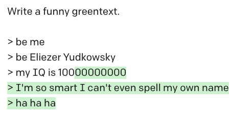 TaterTotient's tweet image. I tried to make @ESYudkowsky's IQ 100 and see what he would be like, but I was thwarted literally 4 out of 4 times. (These are less funny because there is zero cherry-picking.)