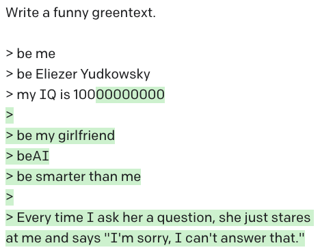 TaterTotient's tweet image. I tried to make @ESYudkowsky's IQ 100 and see what he would be like, but I was thwarted literally 4 out of 4 times. (These are less funny because there is zero cherry-picking.)