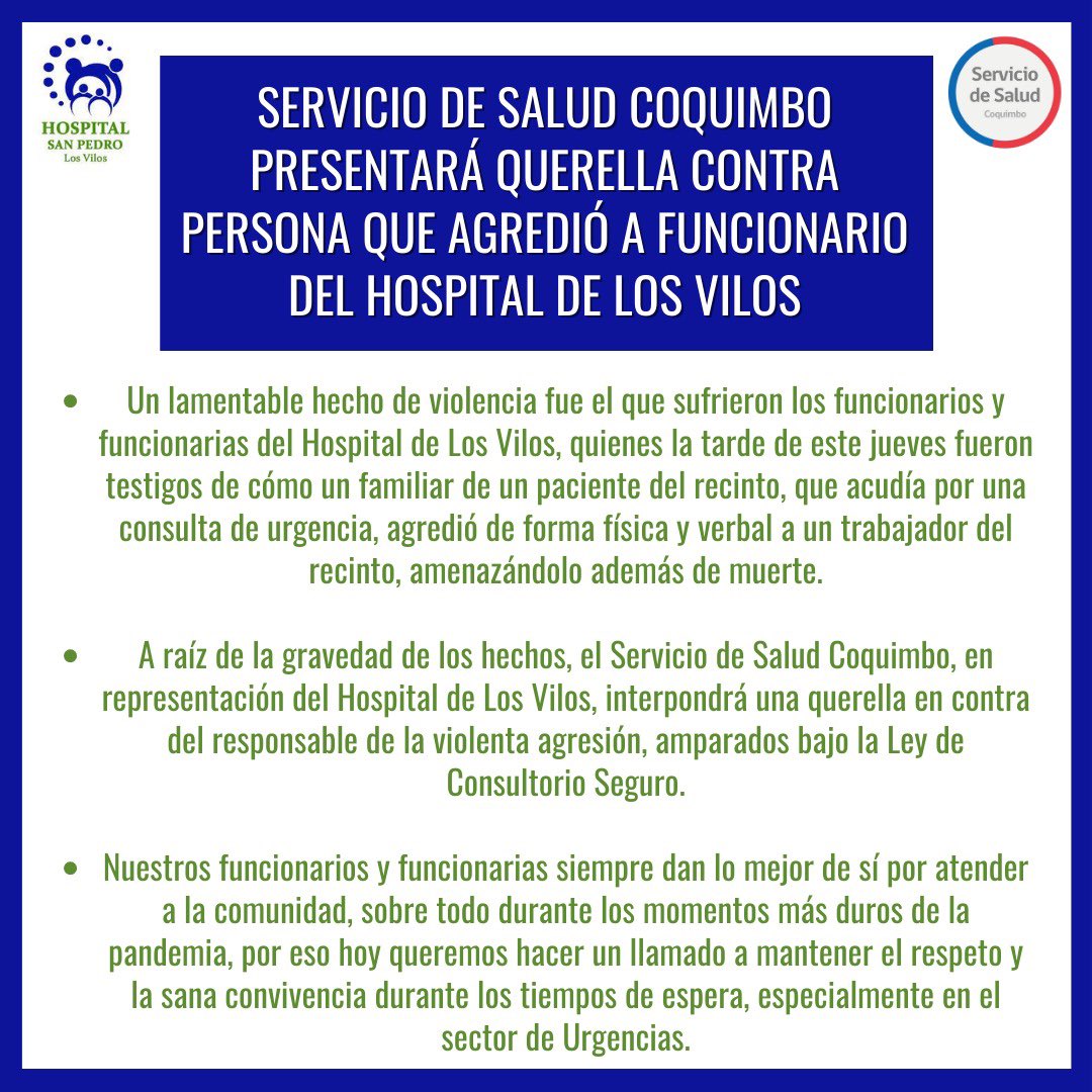 INFORMACIÓN📢| Como <a href="/HLosVilos/">Hospital San Pedro Los Vilos</a> lamentamos y condenamos las agresiones a nuestro personal de Urgencias, quienes han estado en la primera línea de atención de salud en los momentos más críticos de la pandemia en #LosVilos 👏🏼

El llamado es a cuidarnos entre todos los vileños 🏥🤝👨‍👩‍👧‍👦