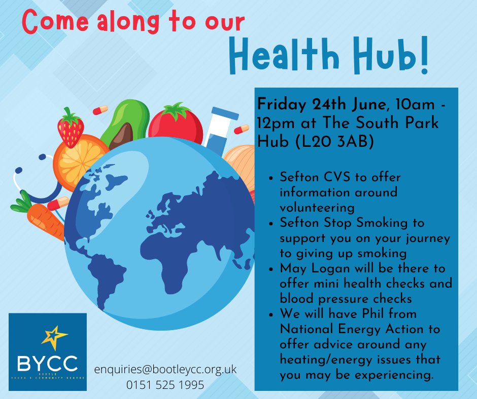 🥗 HEALTH HUB 🥗 24/6/22, 10-12pm @ South Park Hub. - #SeftonStopSmoking to offer support & advice. - #SeftonCVS to offer info on volunteering. - #MayLogan are offering FREE mini health checks. #nationalenergyaction #community #healthiswealth #bycc