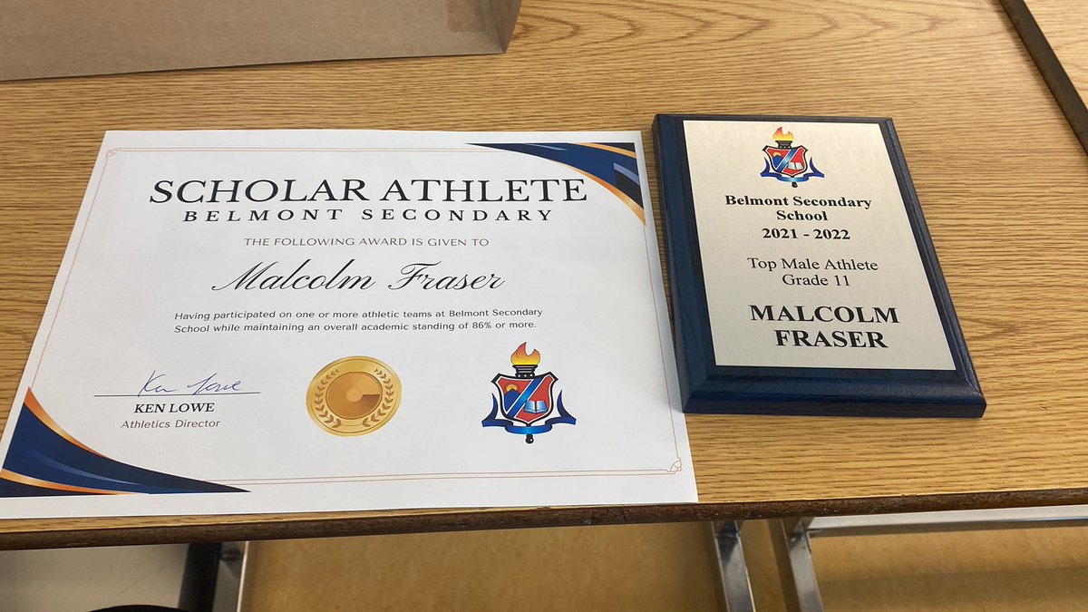 malcolmfraser1k's tweet photo. Honour to win The Top Male Athlete Grade 11 and be named a Scholar Athlete (86%+ average) @BelmontSD62 @belmont_sports https://t.co/Y1ZB7pU78n
