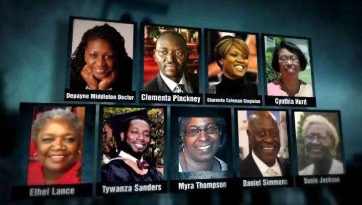 SC Sen. Rev. Clementa C. Pinckney

Cynthia Graham Hurd

Susie Jackson

Ethel Lance

Depayne Middleton-Doctor

Tywanza Sanders

Rev. Daniel Simmons

Sharonda Coleman-Singleton

Myra Thompson 

Never forget. #Emanuel9