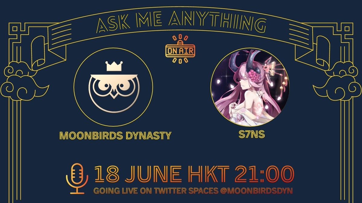 moonbirdsdyn's tweet photo. S7NS x Moonbirds Dynasty🦉AMA

https://t.co/aYgjmPlast

Upcoming AMA w/ @s7nsstation on 18th 9AM EST via spaces!

Interact w/ this post for 1x WL 🔥
3x WL for live audiences too 😉

我們將於18號 9PM北京時間與 S7NS 在上述的鏈接上進行雙語AMA。

主持 🎙️
@jojojo940 @johnnft1077 https://t.co/Ilczd8JmUg