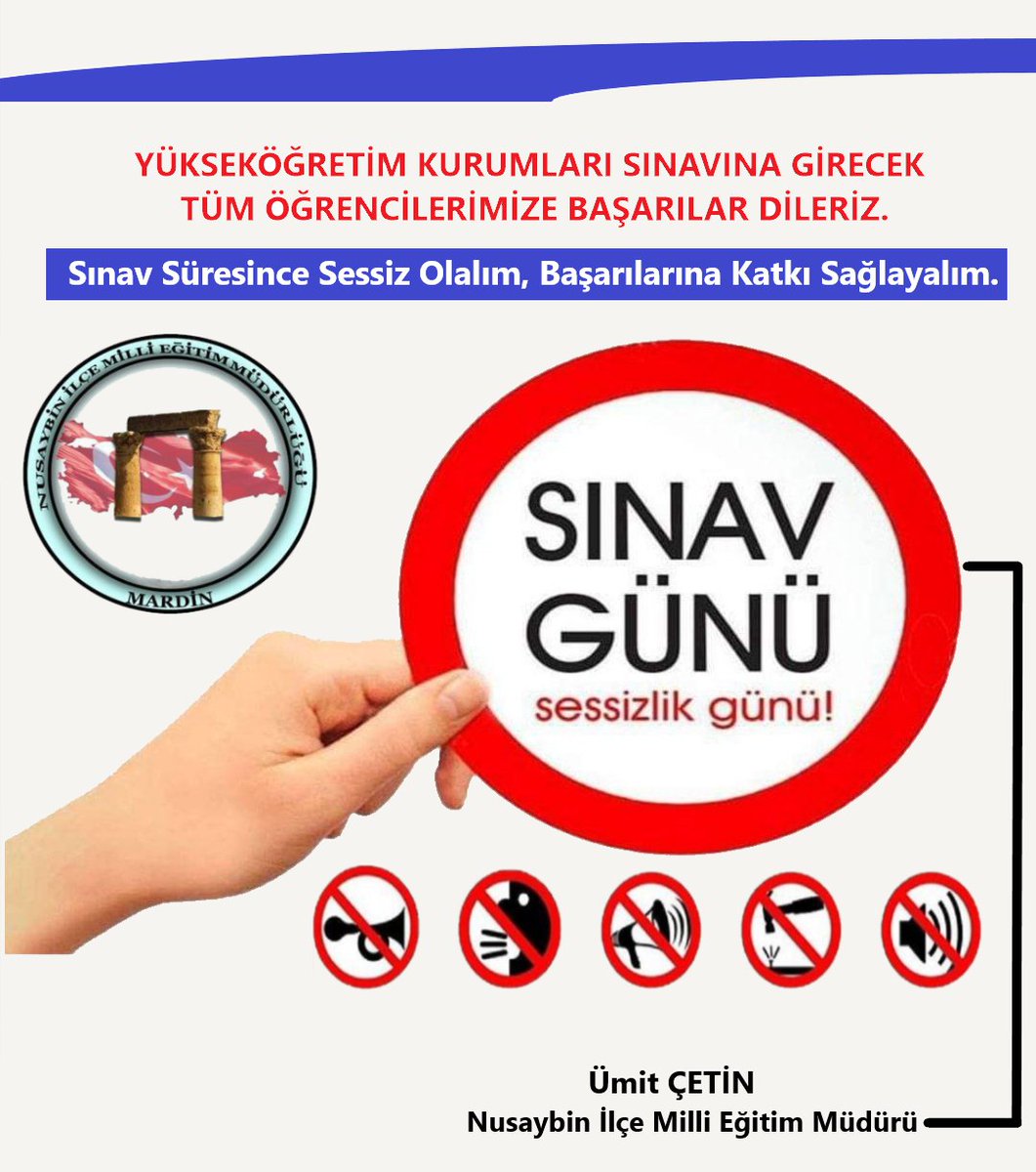 nusaybin_mem's tweet photo. Çocuklarımızın Geleceği için;

18 - 19 Haziran tarihlerinde yapılacak olan YKS

Sınav Günü,
Sessizlik Günü!

#2022YKS
#Nusaybin

@tcmeb
@mahmutdemirttas
@mardinilmem
@Murat69_Demir
@Nsy_Kaymakamlik
@Ercan_Kayabasi
@umitcetin47100 https://t.co/oLEm63QtXU