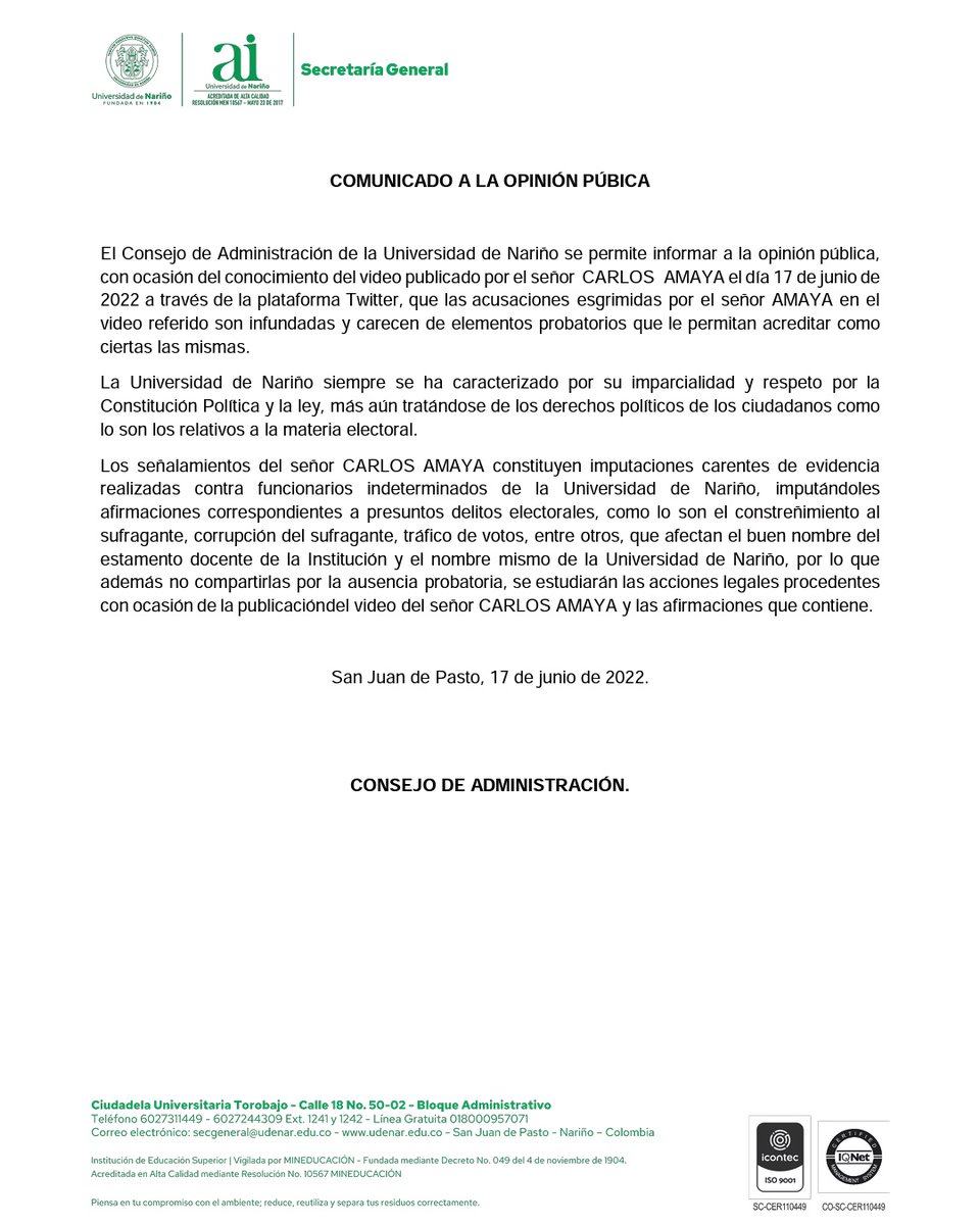 OmarCardenasC's tweet photo. @CarlosAmayaR se burló hoy de la @Udenar lanzando acusaciones infundadas y falsas.
Soy profesor de planta de la @Udenar y si algo nos caracteriza a los docentes, es el respeto por las diversas opiniones políticas, se compartan o no.
¡Respeto por la U Pública! https://t.co/SGb1ND2deA
