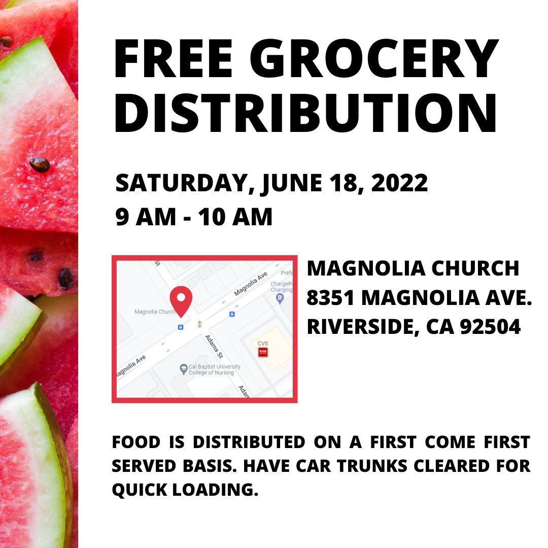 feedingie's tweet photo. Our community partner @magnolia_church will be distributing FREE groceries tomorrow (Saturday 6/18) from 9 am- 10 am at 8351 Magnolia Ave. Riverside, CA 92504. Spread the word! 

#freefood #community #drivethrufood #local #riversideca #freegroceries #wefeedtheie #hungerfreeie https://t.co/AvTo3DlFT6