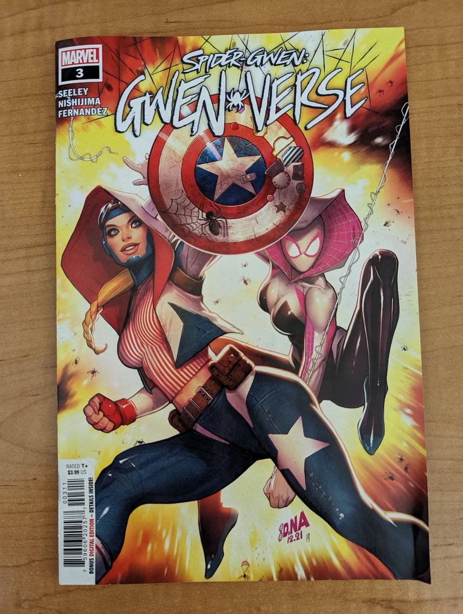 WolbertJames's tweet photo. JIMMY'S REVIEW: #SpiderGwen. #GwenVerse. Issue 3. #TimSeeley, writer. #JodiNishijima. artist. Time travelling #Gwens aided by #SpiderZERO. See #IronGwen and bad ending for her but now they are in a group. New VILLIANS. Who is #CaptainMarvel (Gwen) ? #TheSkrulls may be a player. https://t.co/GOX4fTbwj0