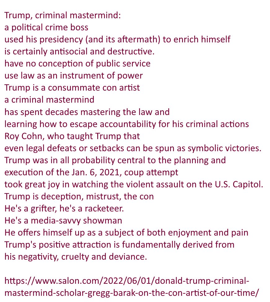 Invoffer's tweet image. Trump, criminal mastermind:
salon.com/2022/06/01/don…