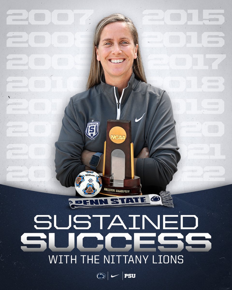 PennStateWSOC's tweet photo. Sustaining Success 🏆

#FunFactFriday Erica Dambach is one of only 4️⃣ NCAA Divison I coaches who are still coaching at the school where they won a College Cup!

Swipe for more facts about Coach Dambach’s 15 year tenure with the Nittany Lions.

#WeAre https://t.co/fZoqVAWbTI