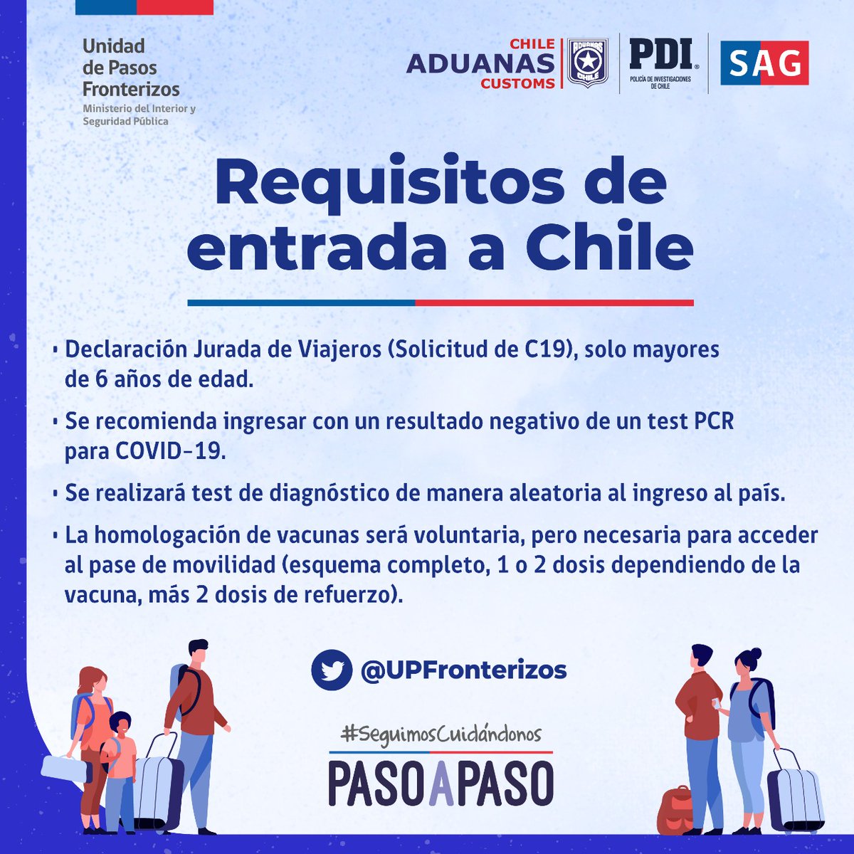 ⚠️Atención! ya no será necesario que ingreses a 🇨🇱 con un seguro con cobertura Covid y la declaración jurada se solicitará solo a los mayores de 6 años de edad 👇 #UPFinforma