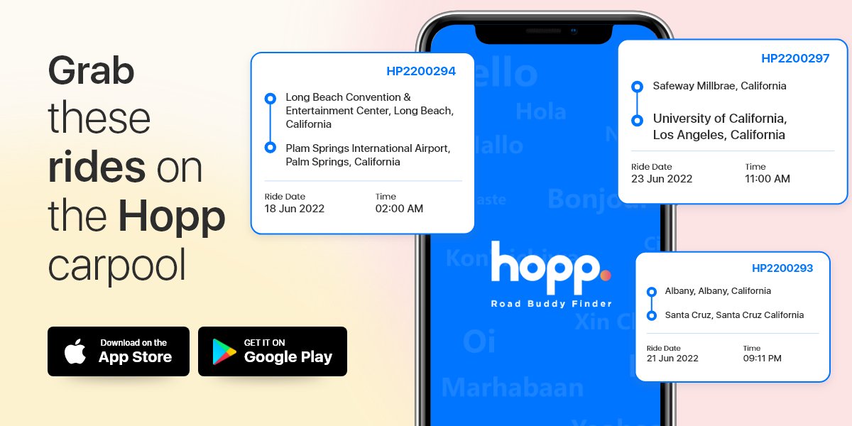 HoppcarPool's tweet photo. Hey Hoppsters!! Hurry up and grab these rides on the Hopp carpool app. 
HOPP is here to make your travel more affordable and fun. 
Download the app now.

Link in BIO.

#hopp #hoppcarpool #carpoolingapp #Ridesharing #ridesharedriver #ridesharingapp #rideshareapp https://t.co/3Oprs0nbEz