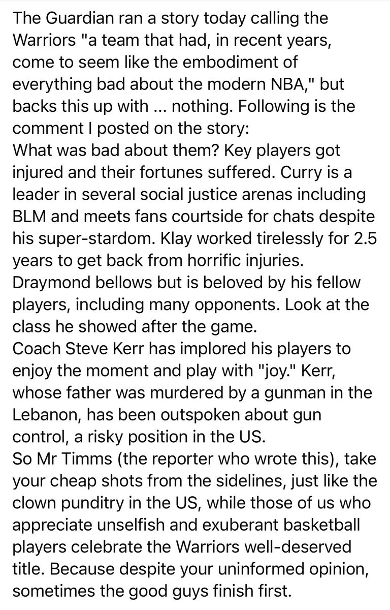 nancylevine's tweet image. Message to ⁦@guardian⁩ reporter Mr. Timms, about your ⁦@warriors⁩ story: Read and learn. By ⁦@shapirowrites⁩ #DubNation #Warriors