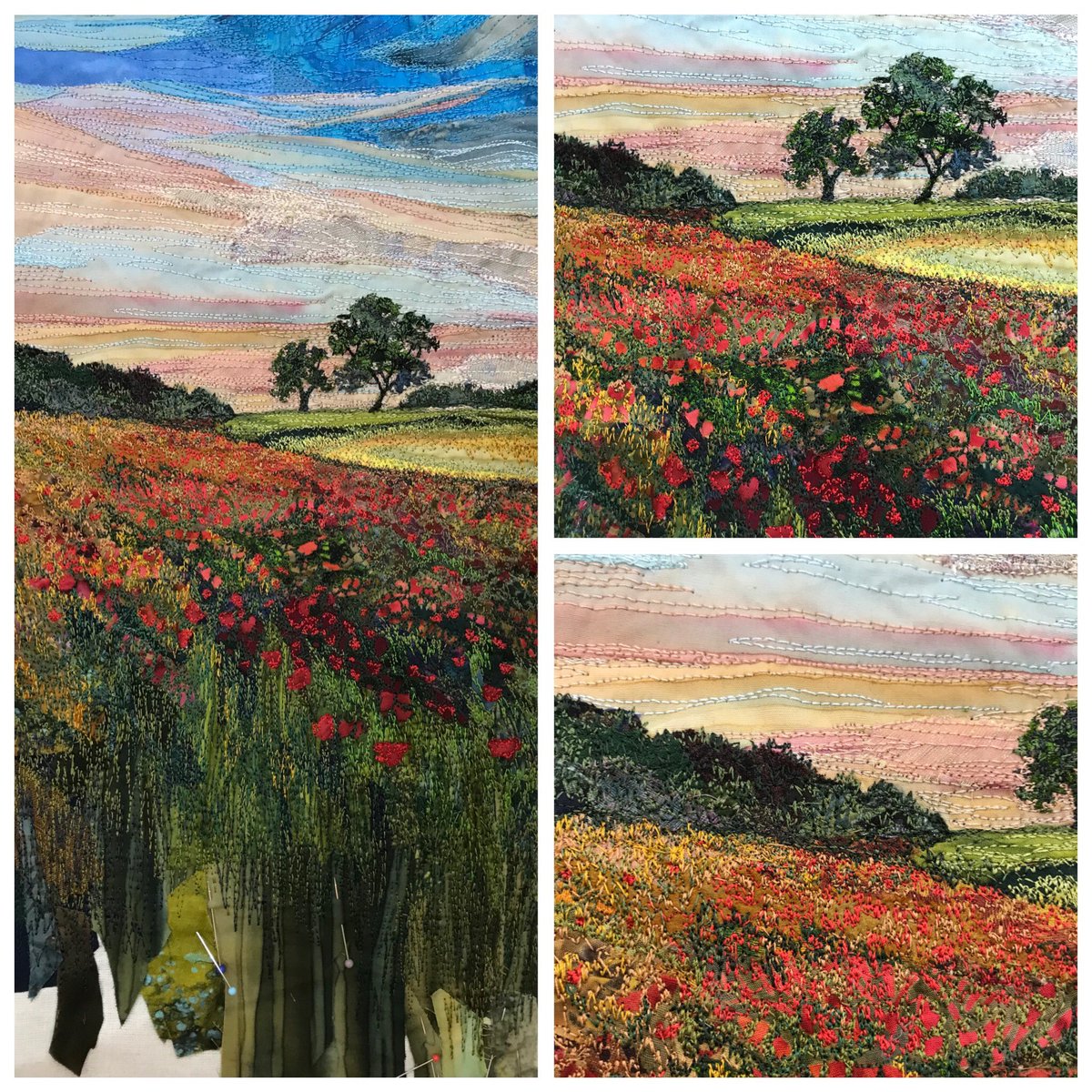 RSetford's tweet photo. Still lots of work to do on my poppy field but I’m back @BucksCraft tomorrow to work on it some more. Open 10-4. #contemporaryembroidery #stitchedart #artinstitch #textileart #embroideredtextiles #craftguild https://t.co/xxwd91rqMO