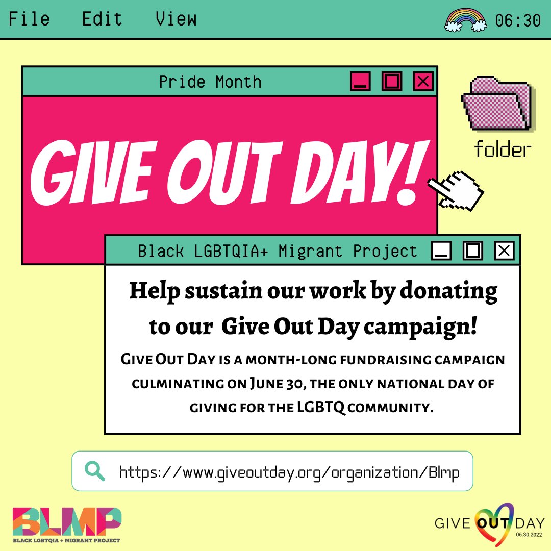 OfficialBLMP's tweet photo. Thirteen days until #GiveOUTDay! Give OUT Day is a national fundraising campaign for LGBTQIA+ nonprofits during #PrideMonth.
To donate to #BLMP, visit our campaign page: https://t.co/ZrE2K3qS7p https://t.co/xgojYWXzzi