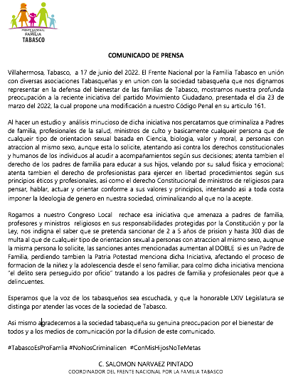 NO CRIMINALIZAR A LOS PADRES DE FAMILIA CON 10 años DE CARCEL POR EDUCAR A SUS HIJOS EN CIENCIA , BIOLOGIA, VALOR Y MORALES , NO A LA IDEOLOGIA DE GENERO QUE QUIERE IMPONER EL PARTIDO MOVIMIENTO CIUDADANO EN #TABASCO 

<a href="/FNFTabasco/">Frente Nacional por la Familia Tabasco</a>  #TabascoEsProFamilia <a href="/TabascoHOY/">Tabasco HOY</a> <a href="/CongresoTab/">Congreso Tabasco</a>