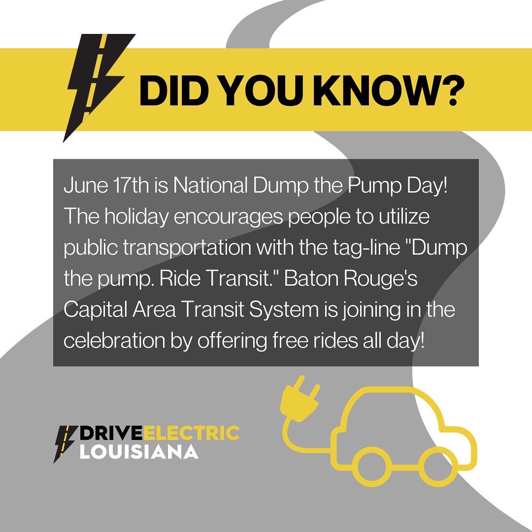 driveelectricla's tweet photo. Happy National Dump the Pump Day! Catch a free ride with the Capital Area Transit System today in celebration! #driveeelectric #cleancities #dumpthepump https://t.co/UCFz4hfCjU