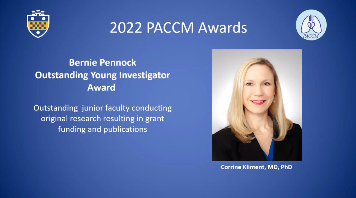 Congrats to Dr. Corrine Kliment (@corrine_kliment), winner of the 2022 @PACCM Bernie Pennock Outstanding Young Investigator Award as selected by fellows & faculty! #ThisIsPACCM