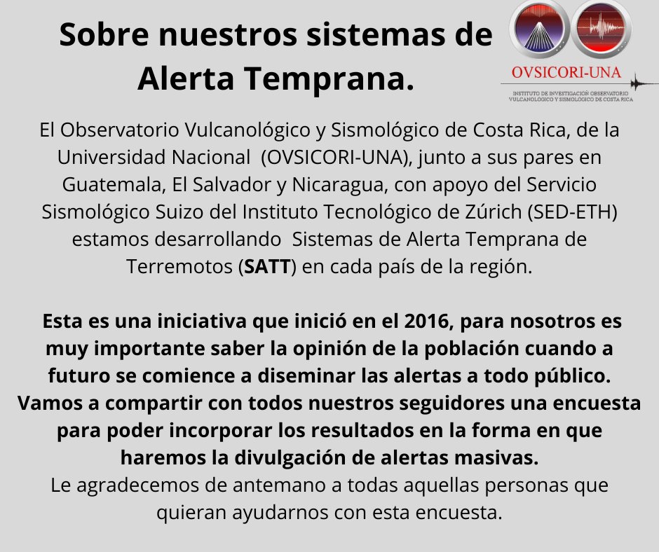 OVSICORI_UNA's tweet photo. Buenas tardes. En el link adjunto pueden encontrar la encuesta que va dirigida solamente a la población que habita actualmente en Costa Rica. Les agradecemos su colaboración https://t.co/DYQhARgXKM
#alertatempranadesismos #ovsicori https://t.co/xmOOV8zRYW