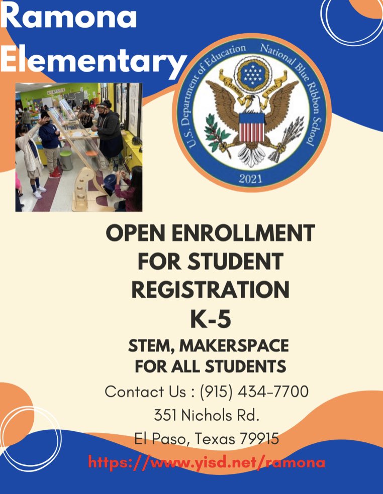 Ramona Elementary is accepting new students! Please call us to help you register your child. We are a National Blue Ribbon School! Come join the Rams! @YsletaISD @_IreneAhumada @cmlozano96 @NatlBlueRibbon @NicheSocial @RamonaESYISD @TheRebellion_DM @BrendaChR1